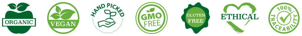 Golden Virgin Organic Foods - Product characteristics - Vegan - Handpicked - GMO Free - Gluten Free - Ethical - Traceability